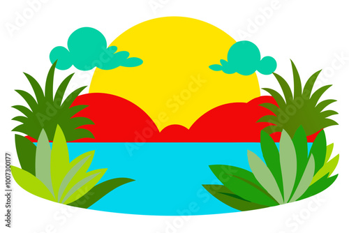 Serene Lagoon with Lush Vegetation Illustrated in Vector Style
