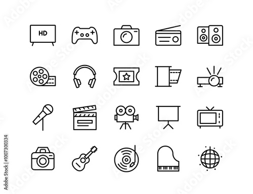 Entertainment and Media Icons Collection: Vector Set for Gaming, Music, Film, Photography, TV, Radio, and More - Perfect for Web & Graphic Design