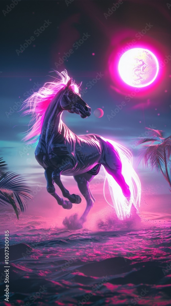 A horse is running in the sand with a pink moon in the background A horse is running in the sand with a pink moon in the background