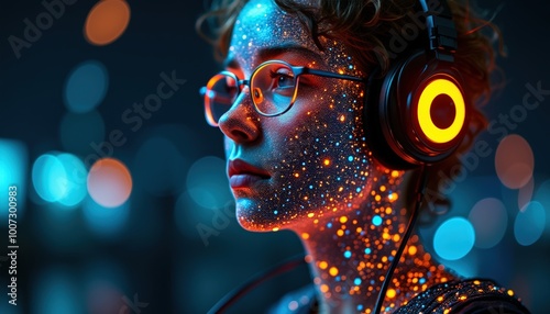 Son corps se pixelise progressivement, la technologie l’enveloppant jusqu’à ne plus faire qu’un avec l’ordinateur.