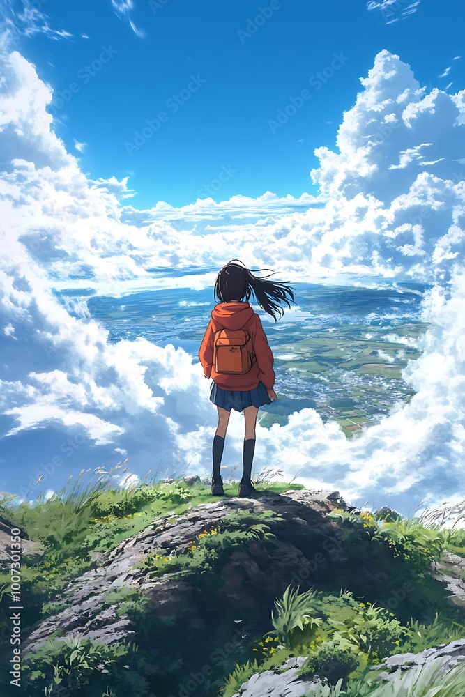 Obraz premium Anime girl standing on a mountaintop with a view of clouds and a valley below. Concept of freedom, hope, adventure, and dreams.