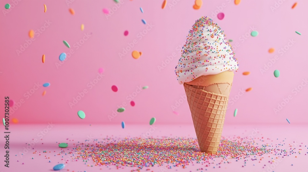 Ice Cream Cone with Sprinkles on Pink Background Ice Cream Cone with Sprinkles on Pink Background