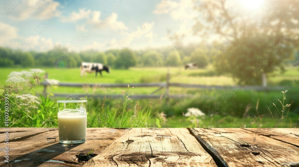 glass of milk on wooden table cow farm with grass glass of milk on wooden table cow farm with grass