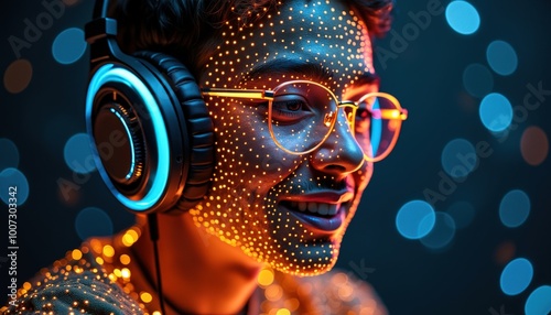 La technologie envahit la personne, des veines digitales apparaissent sur ses mains tandis que son esprit s’immerge dans le monde numérique.