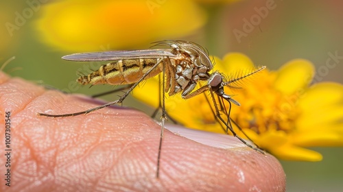 Close up of a mosquito feeding on human skin  a detailed look at nature s tiny vampire photo