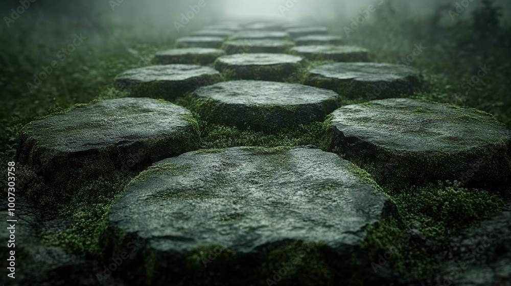 Moss-covered stone pathway in a misty environment. Moss-covered stone pathway in a misty environment.