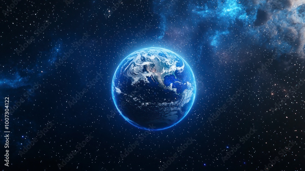 Fototapeta premium Earth in space with a blue glow and stars in the background