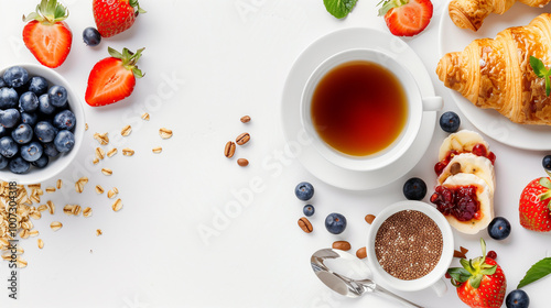 Wallpaper Mural A set for a healthy hipster breakfast: muesli, tea, fruits, berries, blueberries, croissant, strawberries on a white background. Torontodigital.ca