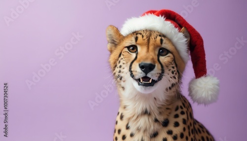 Photo realistic happy cheetah with Christmas cap on a right side of a lavender color background looking in camera, only top of body, detailed