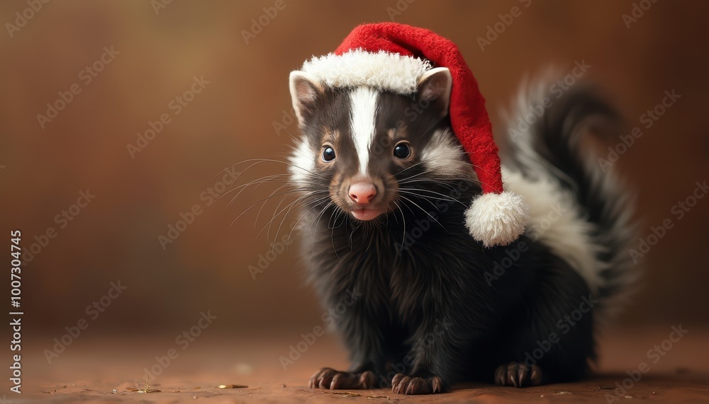 Photo realistic happy skunk with Christmas cap on a right side of a bronze color background looking in camera, only top of body, detailed