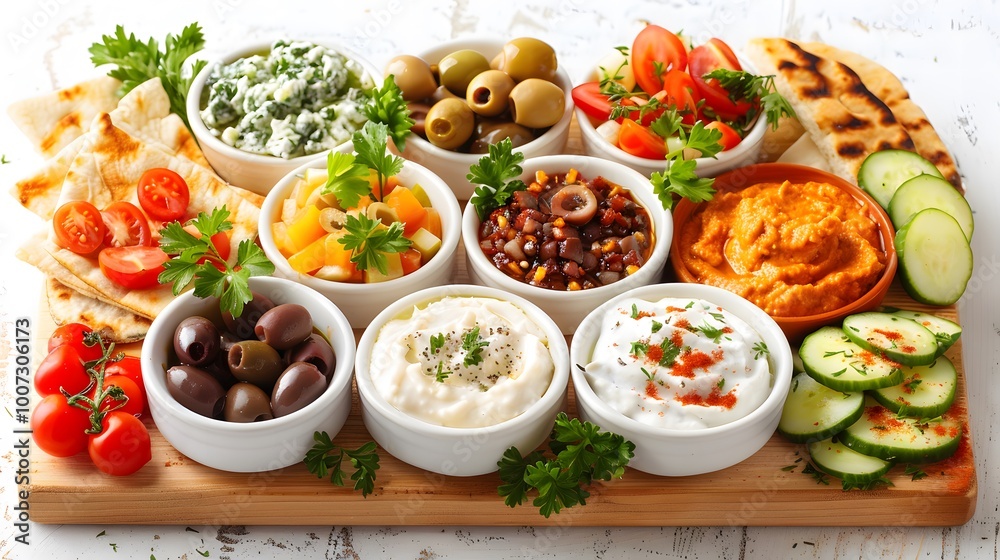 Mediterranean mezze platter with hummus, olives, dips, and fresh vegetables. Flat lay food composition with copy space. Ideal for Mediterranean restaurants, food blogs, and healthy eating promotions. Mediterranean mezze platter with hummus, olives, dips, and fresh vegetables. Flat lay food composition with copy space. Ideal for Mediterranean restaurants, food blogs, and healthy eating promotions.