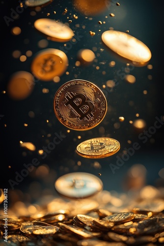 Closeup photo of a bitcoin falling, sparkling, shining bitcoins in the background