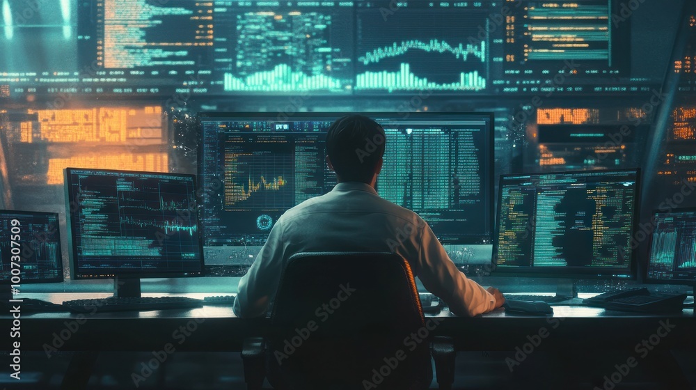 Cybersecurity Professional Working on Multiple Monitors Cybersecurity Professional Working on Multiple Monitors