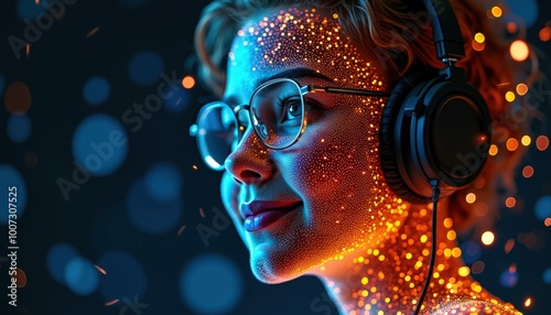 La lumière de l'écran enveloppe la personne, chaque mouvement semblant se synchroniser avec les pulsations numériques.