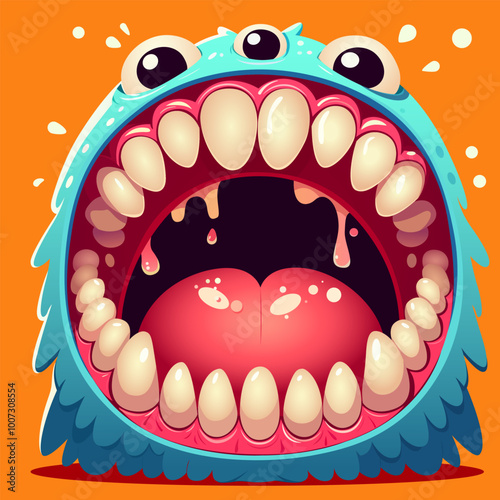 Monster mouth with tongue. Funny monster face expression with mouth closeup, teeth and tongue. Funny facial expression zombie, character cartoon. Cute monster mouth orange background. Monster avatar