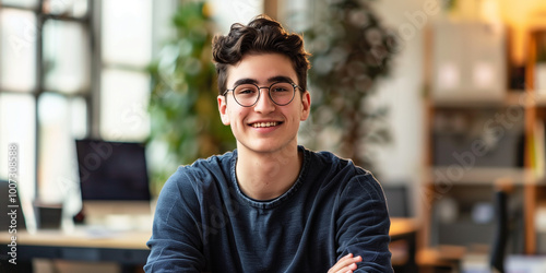 Smiling young man with glasses in a casual sweater sitting in a bright office space with plants in the background