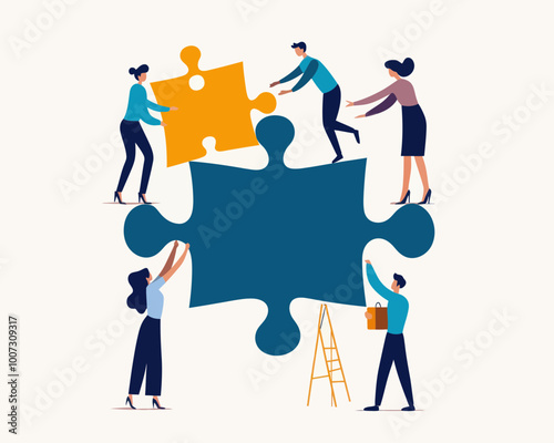 Team Collaboration and Problem Solving: Business People Connecting Jigsaw Puzzle Pieces to Achieve Success in Flat Minimalist SVG Vector