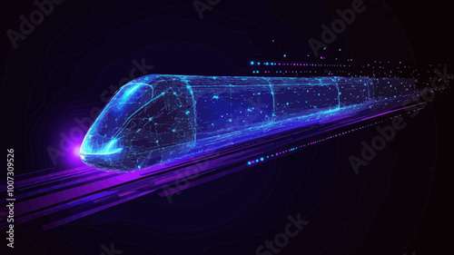 Digital Low Poly Wireframe of Futuristic High-Speed Train, Modern Technology and Transport Concept, Abstract 3D Blue and Purple Illustration with Connected Dots, Future Logistics Vector Graphic