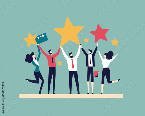 Employee Engagement, Commitment and Motivation Success - Staff Dedication, Job Satisfaction, Productivity and Recognition - Business People Holding Stars Happy with Reward, Vector Illustration