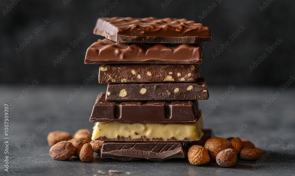 A stack of porous airy bitter and milk chocolate and cocoa on a dark background. Assorted different toys A stack of porous airy bitter and milk chocolate and cocoa on a dark background. Assorted different toys