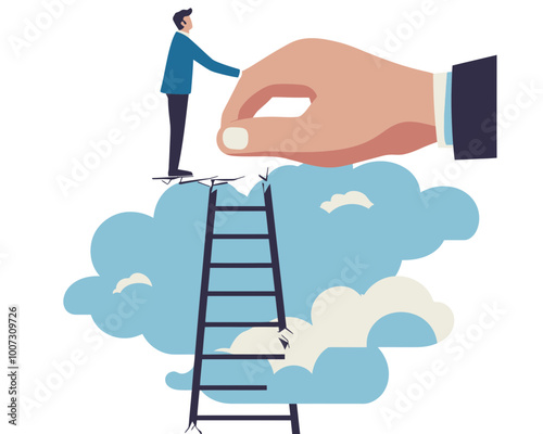 Business Support Concept Illustration of a Businessman Climbing Broken Ladder with Helping Hand for Career Success and Goals, Flat Minimalist SVG Vector