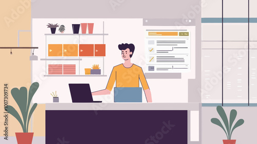 Office Worker Choosing to Upgrade to Pro for Ad-free Experience and Premium Features, Vector Illustration of Modern Workspace with Computer Screen Displaying Software Upgrade Options