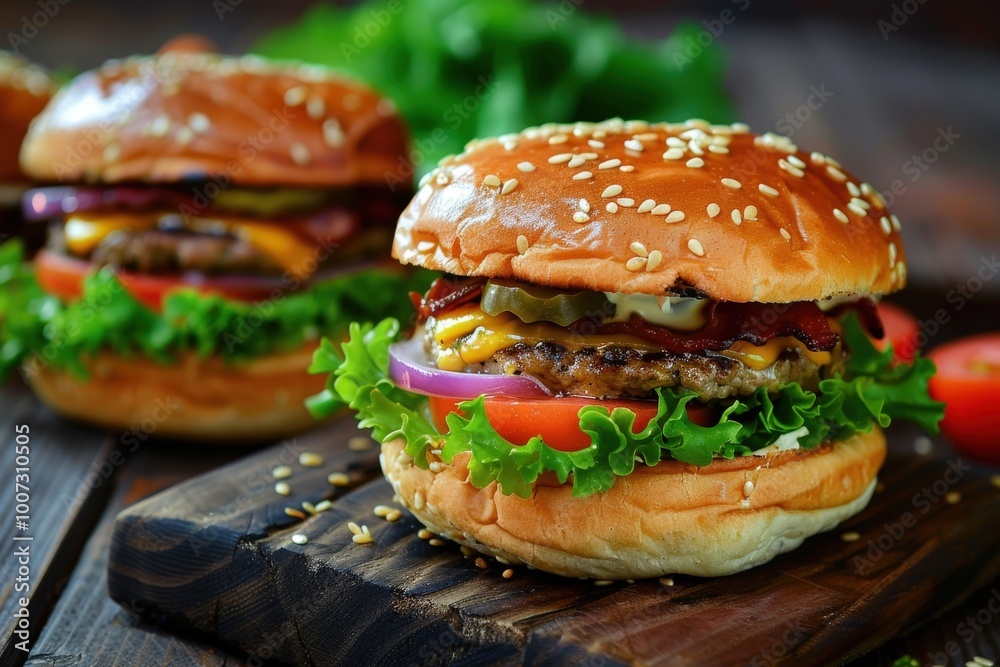 Two hamburgers with ketchup and mustard on a wooden table, generative ai image Two hamburgers with ketchup and mustard on a wooden table, generative ai image