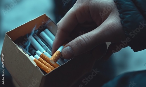 Close-up of a person's hand, choose a cigarette from a cardboard pack