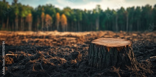 a cut tree in a deforested area with a blurred forest background, depicting the concept of global warming. Concept Environmental Destruction, Impact of Deforestation, Climate Change, Clearcut Forests