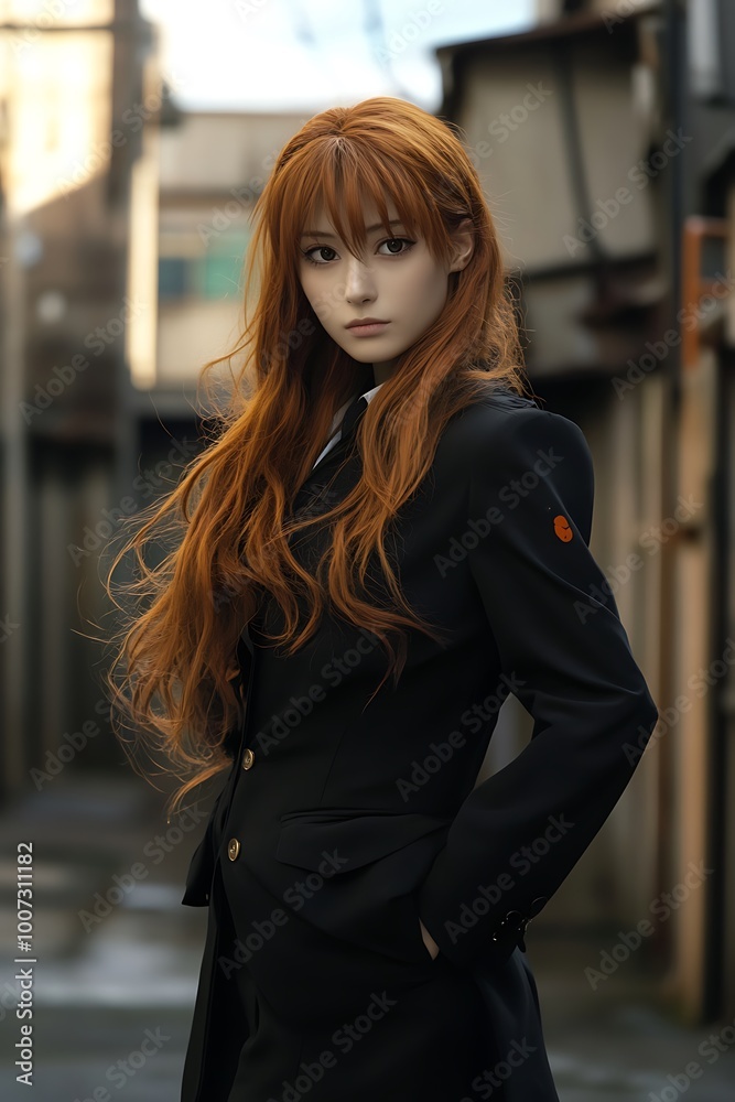 Young woman with long red hair wearing black coat in urban setting Young woman with long red hair wearing black coat in urban setting