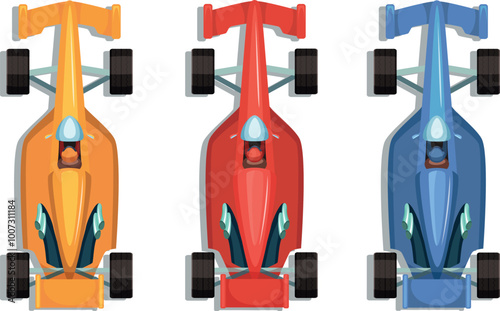 Race bolides set. Various color cars top view