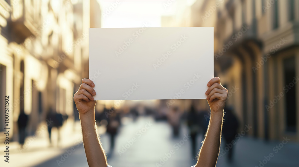 Person holding blank white sign in urban street, arms raised, focus on hands and sign, with blurry city background concept Person holding blank white sign in urban street, arms raised, focus on hands and sign, with blurry city background concept