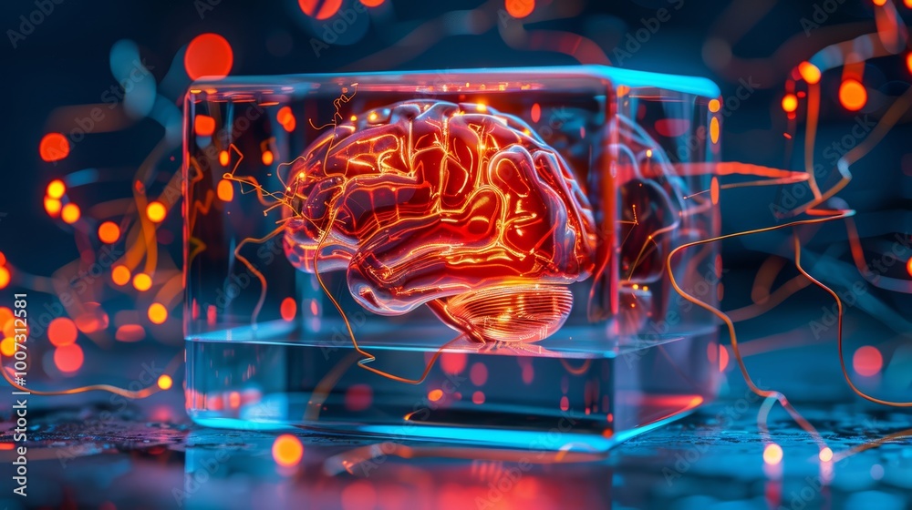 Fototapeta premium Futuristic artificial brain encased in a transparent container showcasing advanced technology
