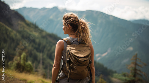 Woman hiking with backpack in scenic mountain landscape