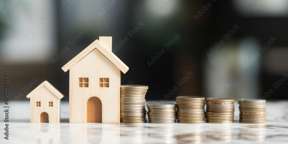 Wooden house models with stacked coins representing property investment Wooden house models with stacked coins representing property investment