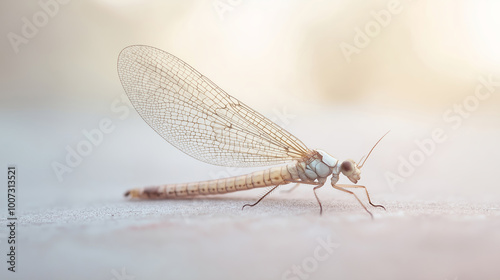 Mayfly close-up, delicate winged insect with translucent wings, macro photography, pastel background, nature, bugs, ethereal beauty concept