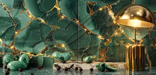 Cracked surface with embedded jade stones and abstract golden patterns, highlighted by scattered garnet stones and a stylish brass lamp on a marble side table in a luxurious living room photo