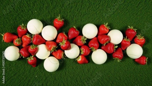 Aerial shot showcasing tennis balls and summer strawberries on a green grass tennis court backdrop photo