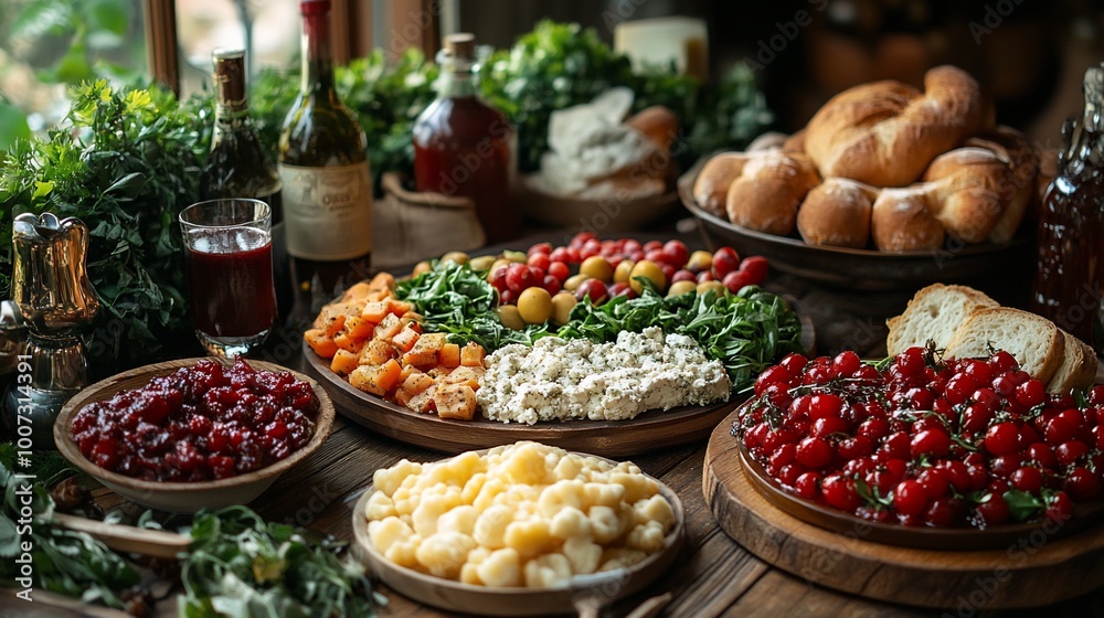 A rustic wooden table is laden with an abundance of food, including fresh produce, homemade bread, and a variety of cheeses. A rustic wooden table is laden with an abundance of food, including fresh produce, homemade bread, and a variety of cheeses.