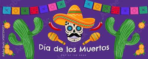Dia de Los Muertos - Day of the Dead celebration banner, poster, card with colorful mexican traditional objects. Vector illustration