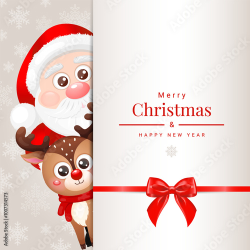 Merry Christmas and Happy New Year. Card, banner template with cute Santa Claus on light background. Vector Illustration