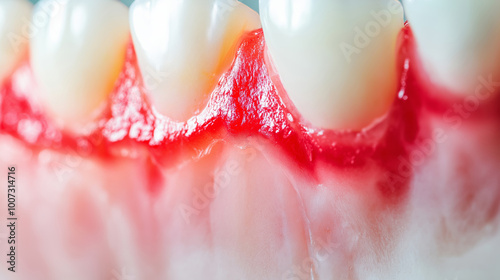 Closeup of inflamed gums, showing signs of periodontal disease, dental health issue concept