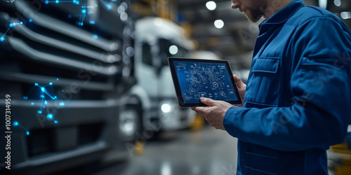 A car mechanic is using a tablet to check vehicle data in a garage, demonstrating the professional car service and repair concept.