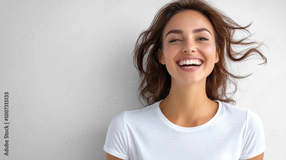 Joyful Woman with Bright Smile Against a Neutral Background Joyful Woman with Bright Smile Against a Neutral Background