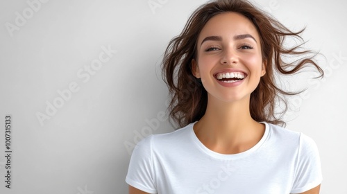 Joyful Woman with Bright Smile Against a Neutral Background