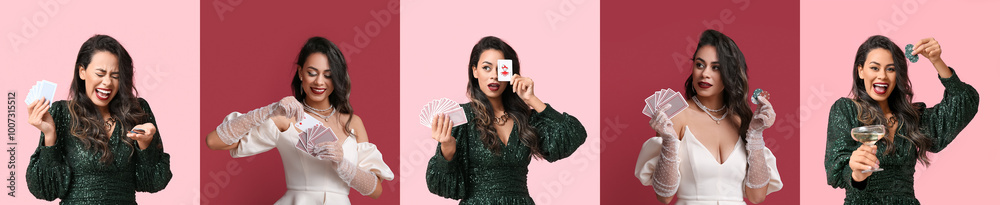 Set of beautiful African-American woman with cards and poker chips on color background Set of beautiful African-American woman with cards and poker chips on color background