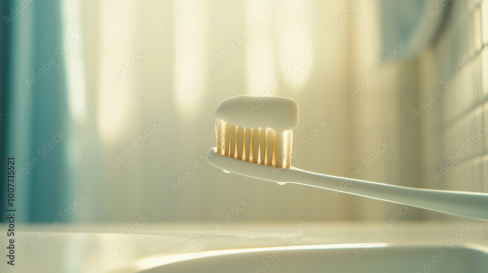 Toothbrush with white toothpaste in clean bathroom, morning hygiene routine, healthy teeth care concept Toothbrush with white toothpaste in clean bathroom, morning hygiene routine, healthy teeth care concept