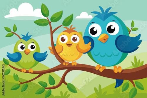 funny birds on branch clipart vector design