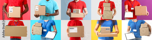 Set of couriers with parcel...