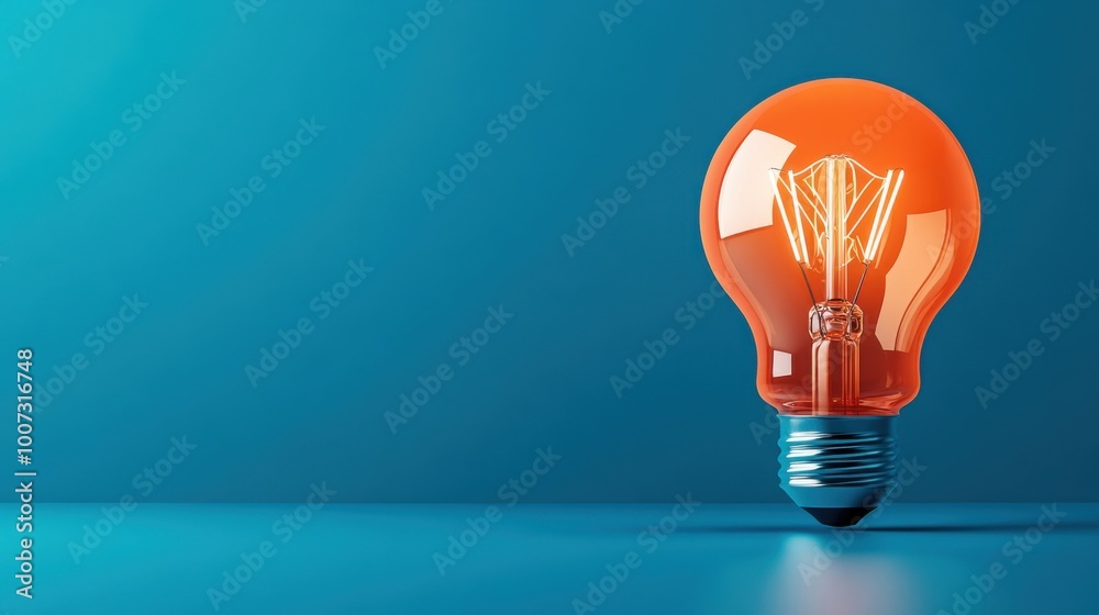 Glowing Orange Light Bulb on Blue Background Glowing Orange Light Bulb on Blue Background